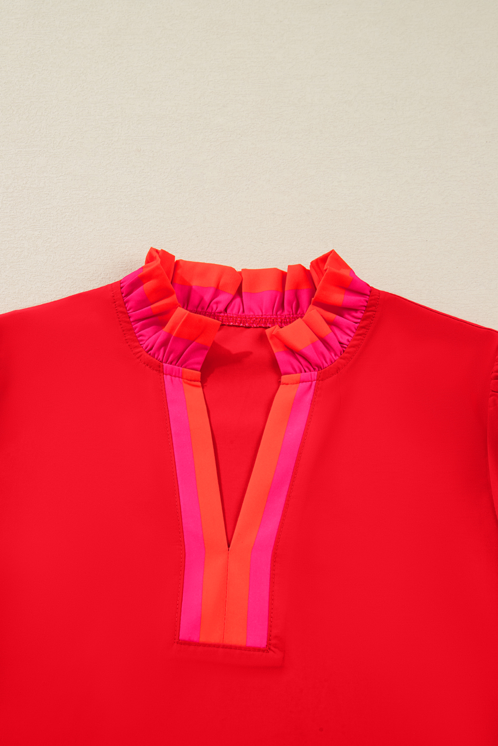 Fiery Red Striped Trim Ruffle Split Neck Long Sleeve Blouse - Image 5