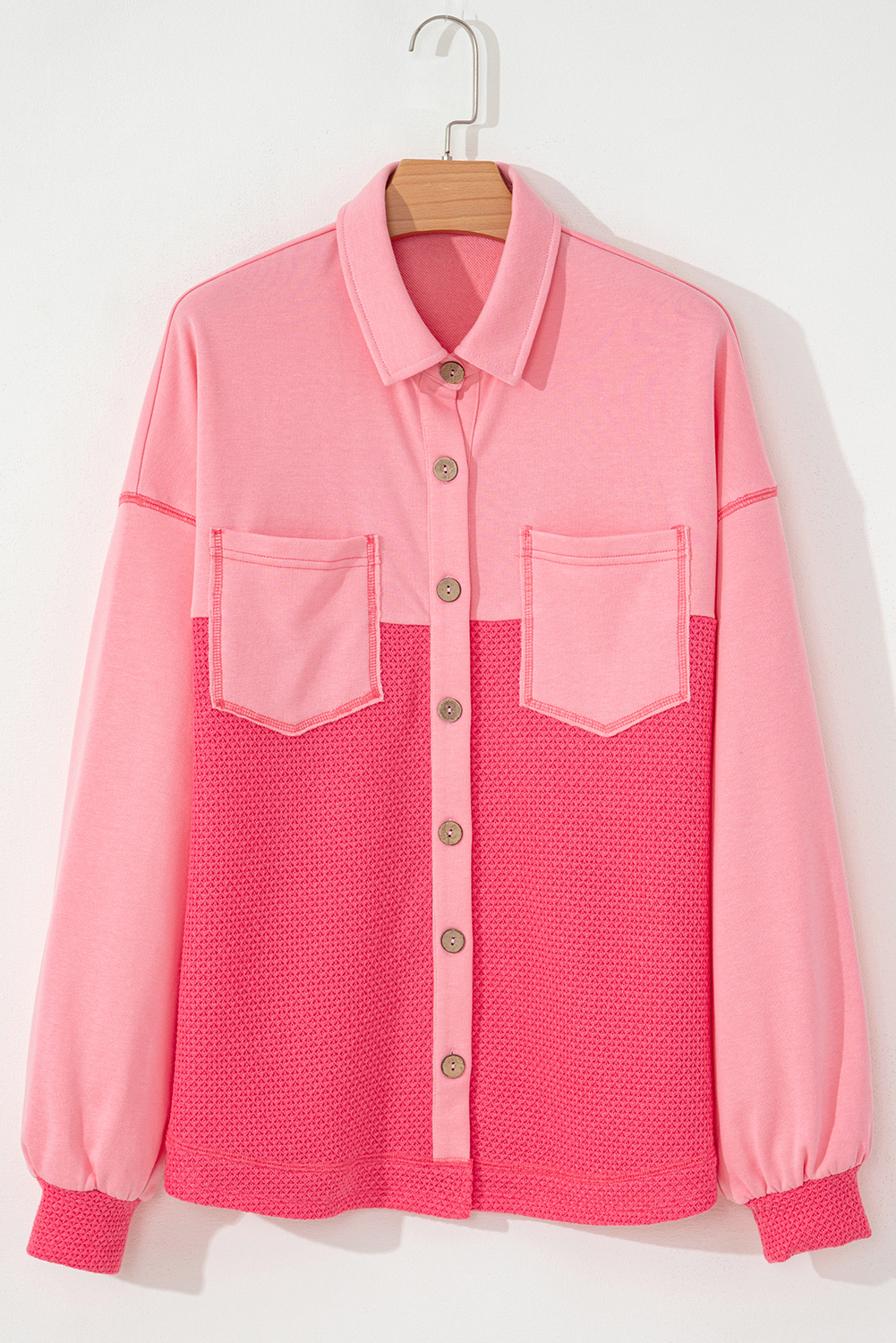 Peach Blossom Two Tone Contrast Waffle Knit Buttoned Loose Shacket - Image 4