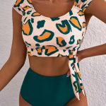 Green Leopard Print U Neck Knotted High Waist Bikini Set