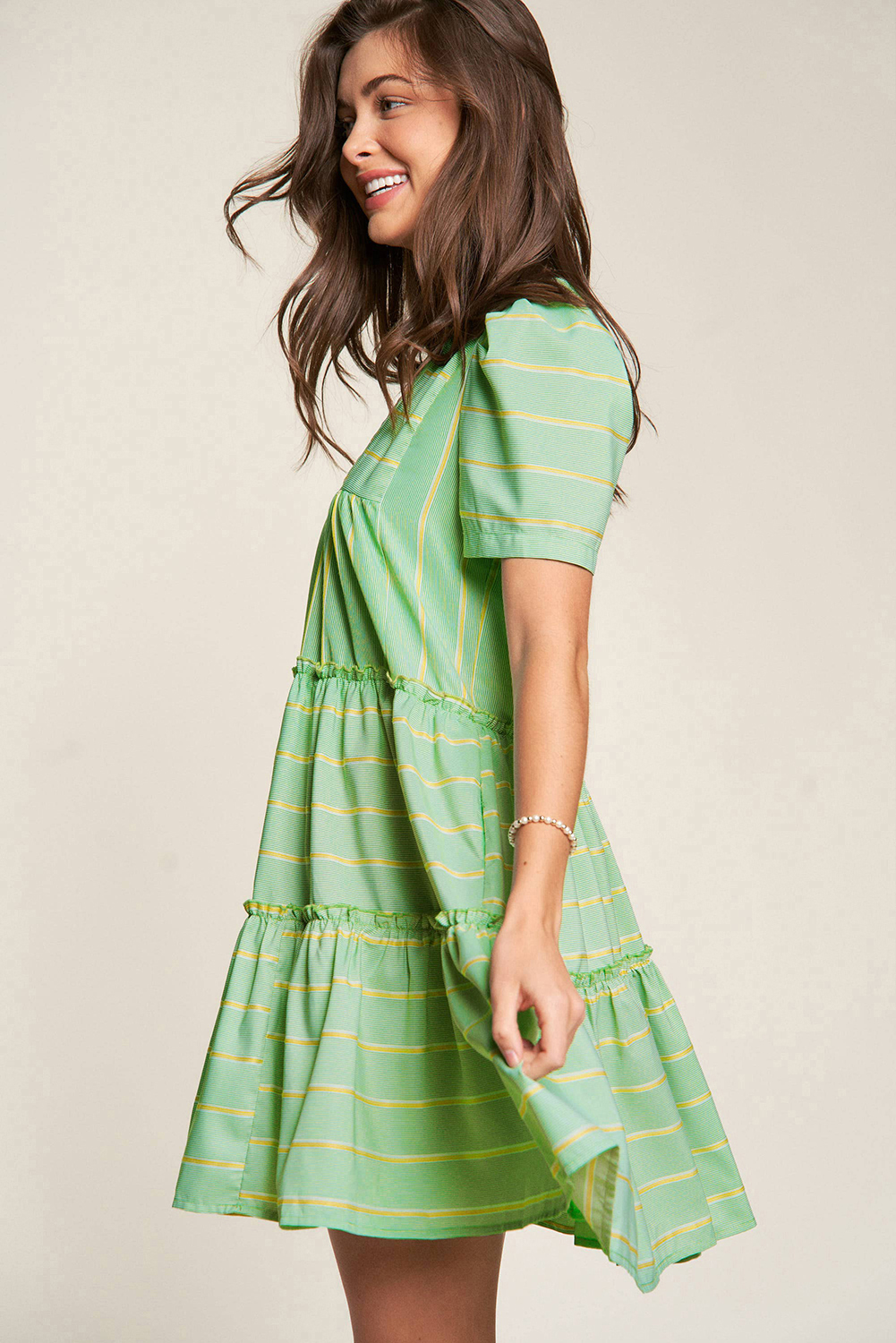 Green Stripe V Neck Short Sleeve Frilled Detail A-line Dress - Image 3