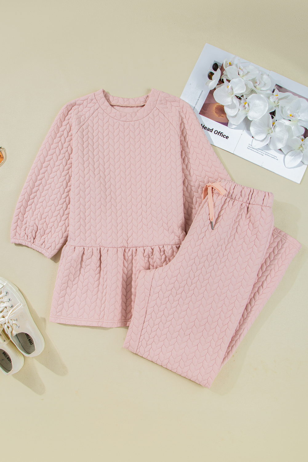 Delicacy Braided Texture Ruffle Hem Top Drawstring Loose Pants Set - Image 3