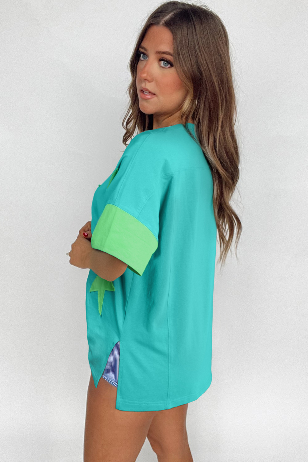 Aruba Blue Frayed Denim Star Patched Oversize T Shirt - Image 7