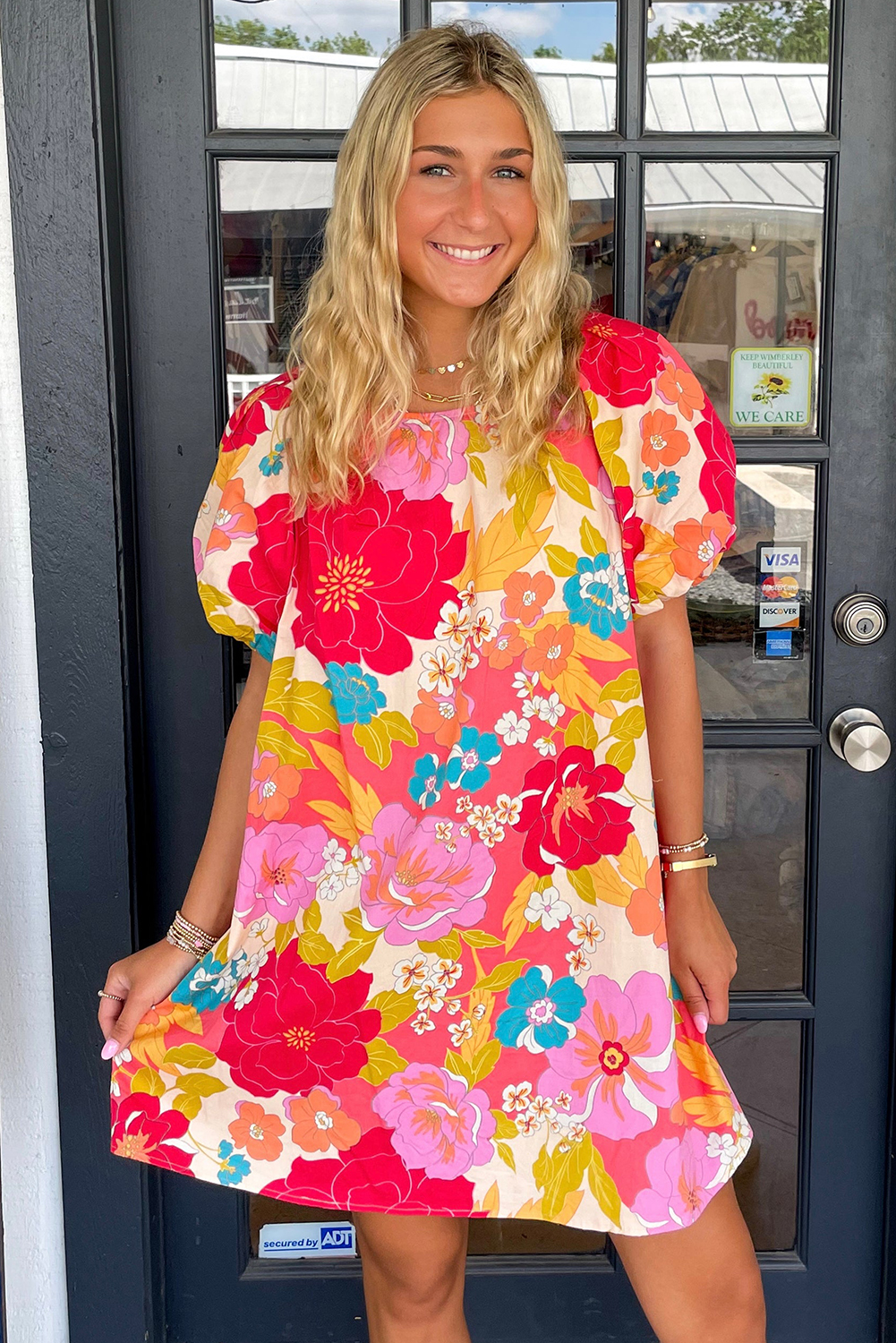 Pink Floral Print Bubble Short Sleeve Dress - Image 3