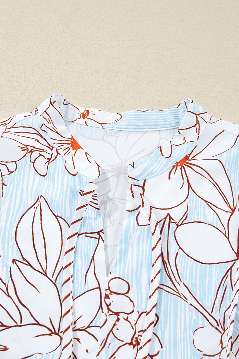 Brown Floral Print Tie Neck 3/4 Sleeve Mini Dress - Image 6