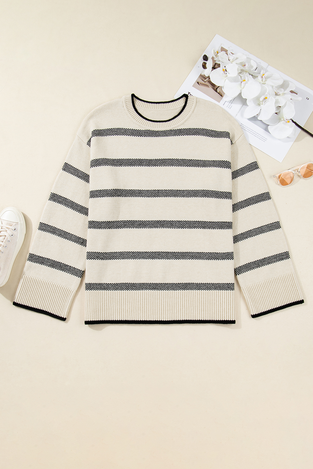 Apricot Stripe Wide Sleeve Drop Shoulder Crew Neck Plus Sweater - Image 5