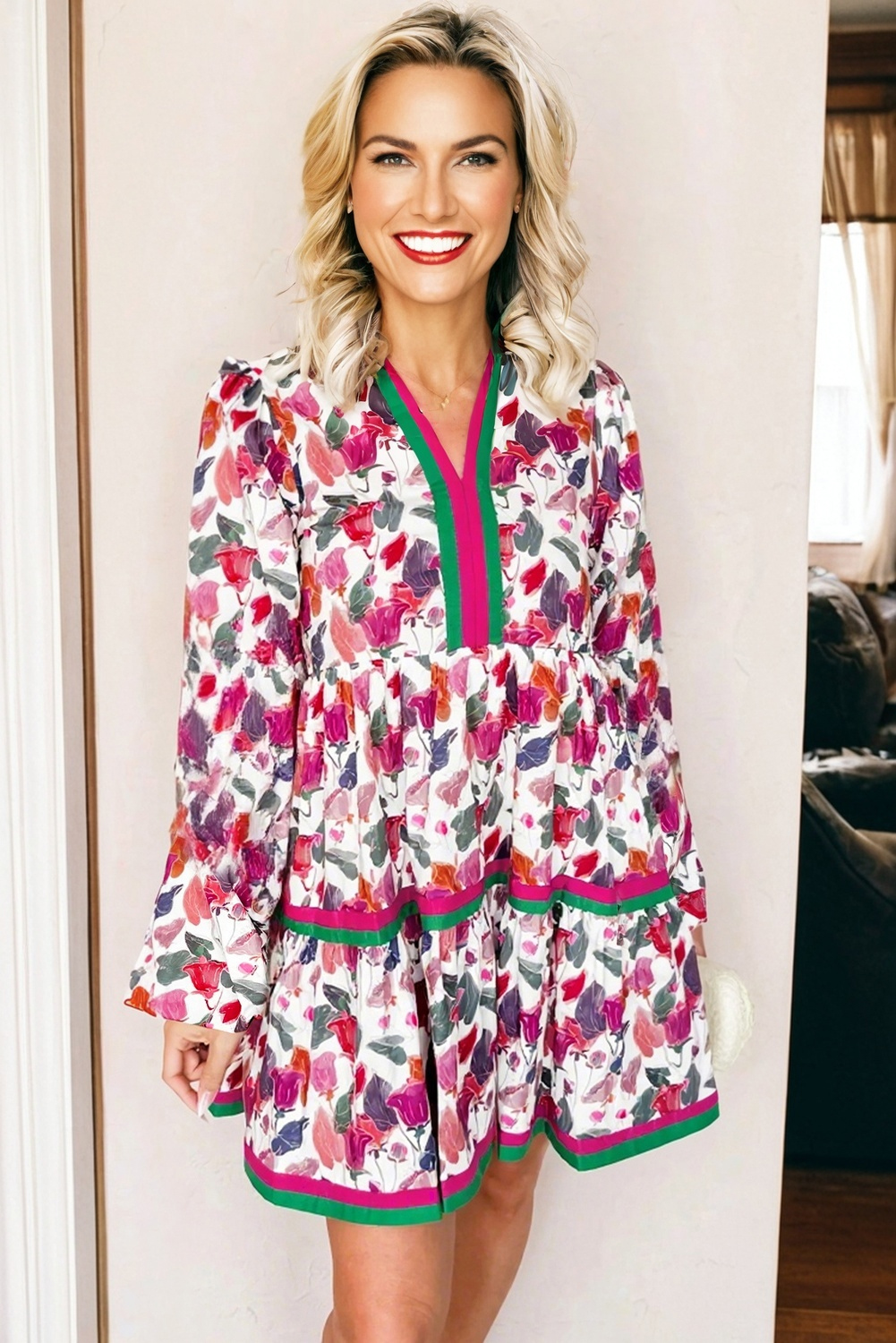 Purple Floral Print Contrast Striped Detail Long Sleeve Mini Dress - Image 4