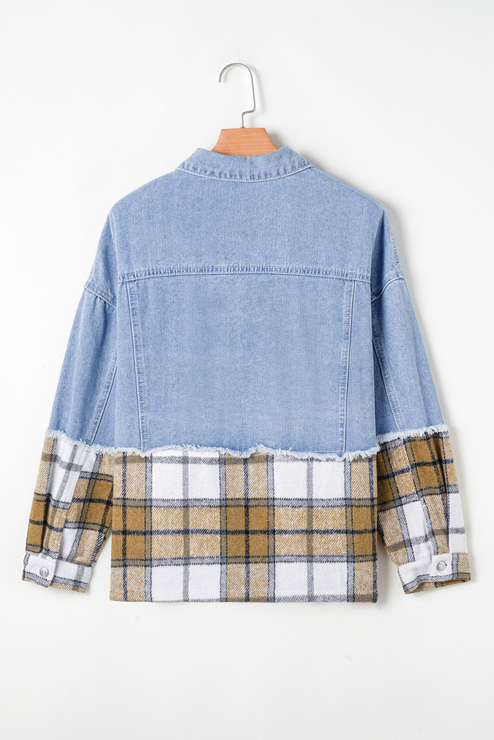 Khaki Plaid Patchwork Buttoned Oversized Denim Jacket - Image 7