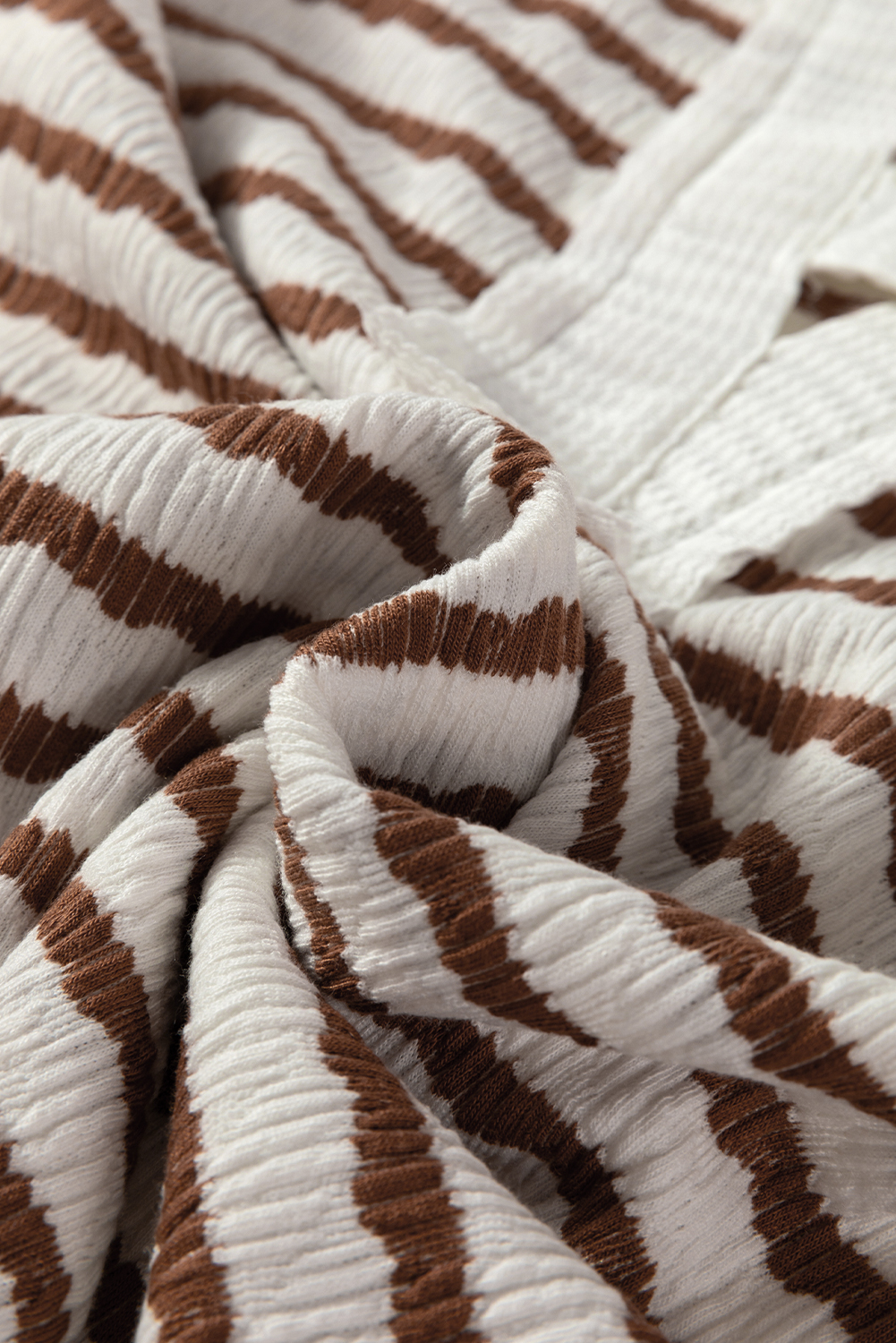 Khaki Stripe Textured Hooded V Neck Casual Long Sleeve Top - Image 7