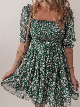 Green Smocked Square Neck Puff Short Sleeve Floral Dress