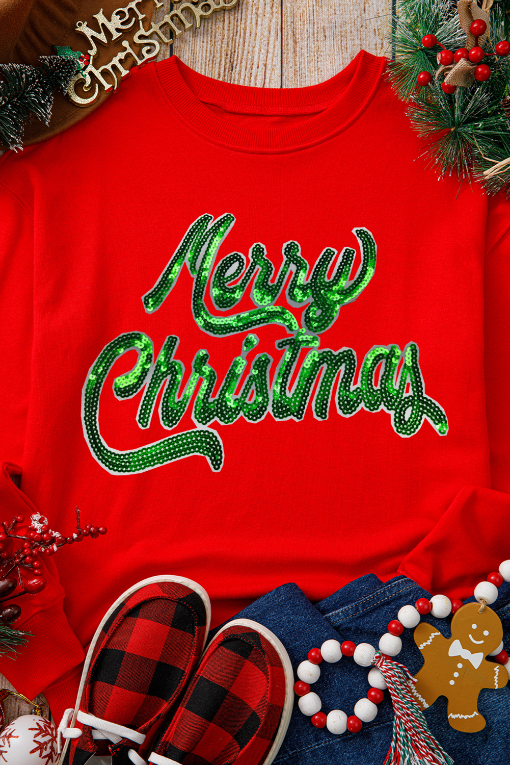 Red Merry Christmas Crewneck Drop Shoulder Loose Sweatshirt - Image 8
