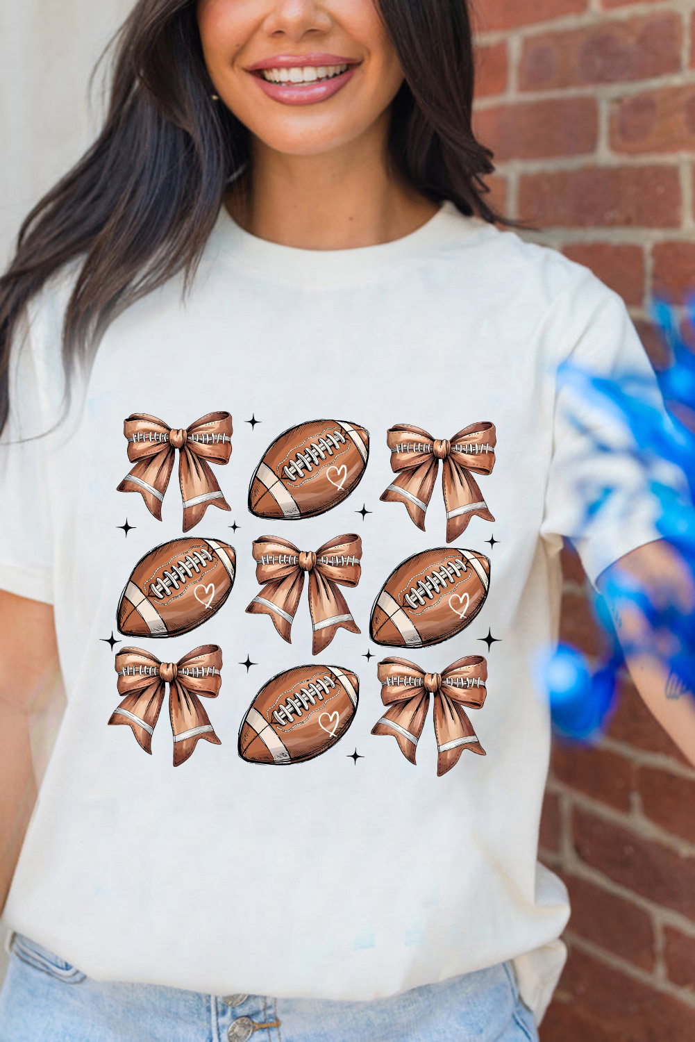White Football Fashion Bow Print Cotton Blend T Shirt - Image 2