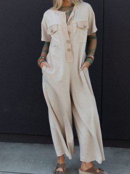 Beige Half Placket Chest Pockets Short Sleeve Wide Leg Jumpsuit