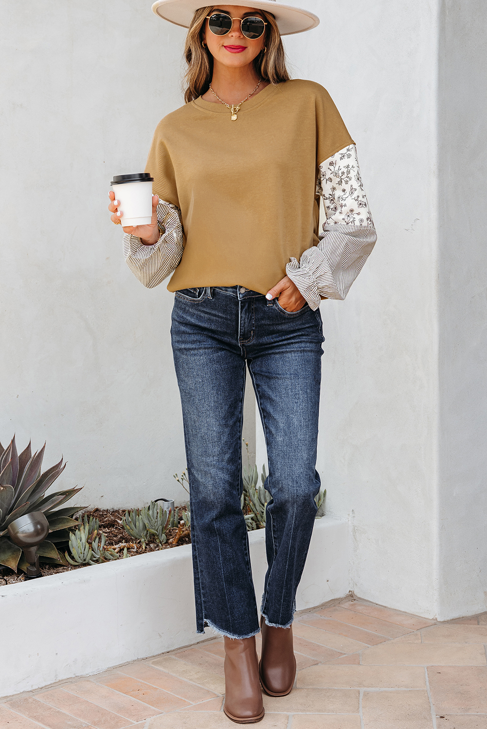 Camel Floral Striped Patchwork Ruffled Sleeve Crew Neck Sweatshirt - Image 5