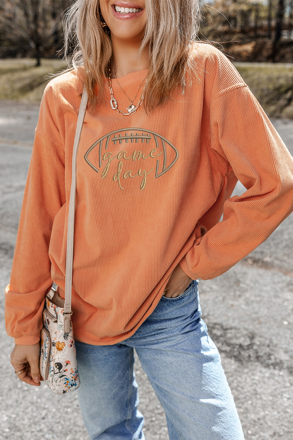 Orange Rugby Game Day Embroidered Corduroy Sweatshirt - Image 5