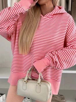 Rose Stripe Thumbhole Side Slits Drop Shoulder Loose Fit Hoodie