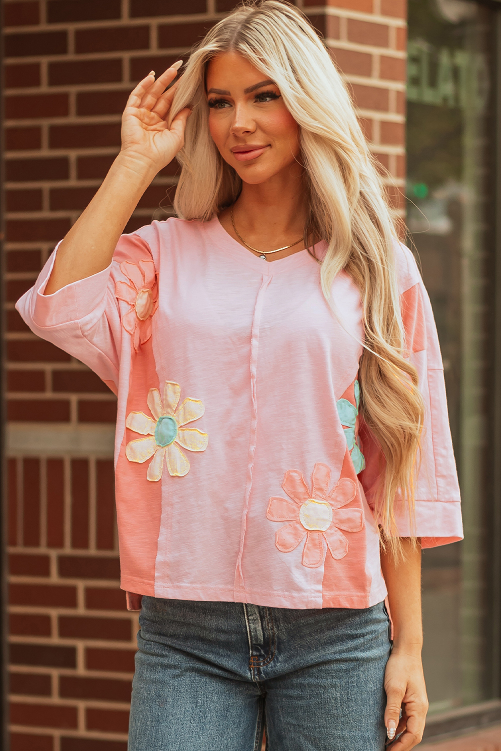 Pink Flower Patched Exposed Seam Bracelet Sleeve Oversized T Shirt - Image 5