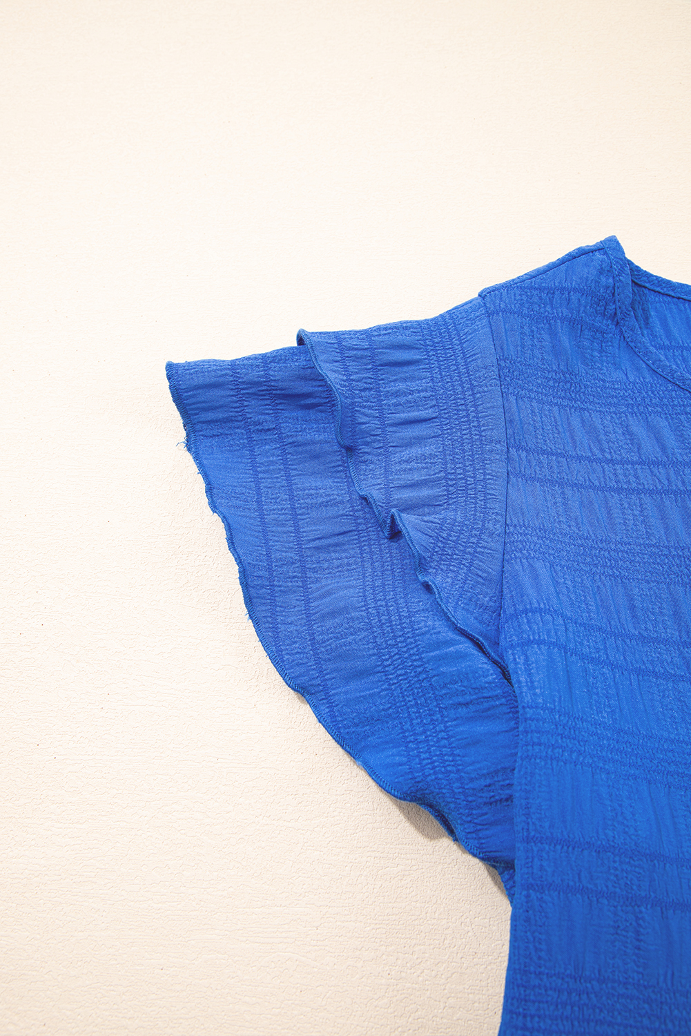 Dark Blue Textured Ruffled Sleeve Round Neck Top - Image 7