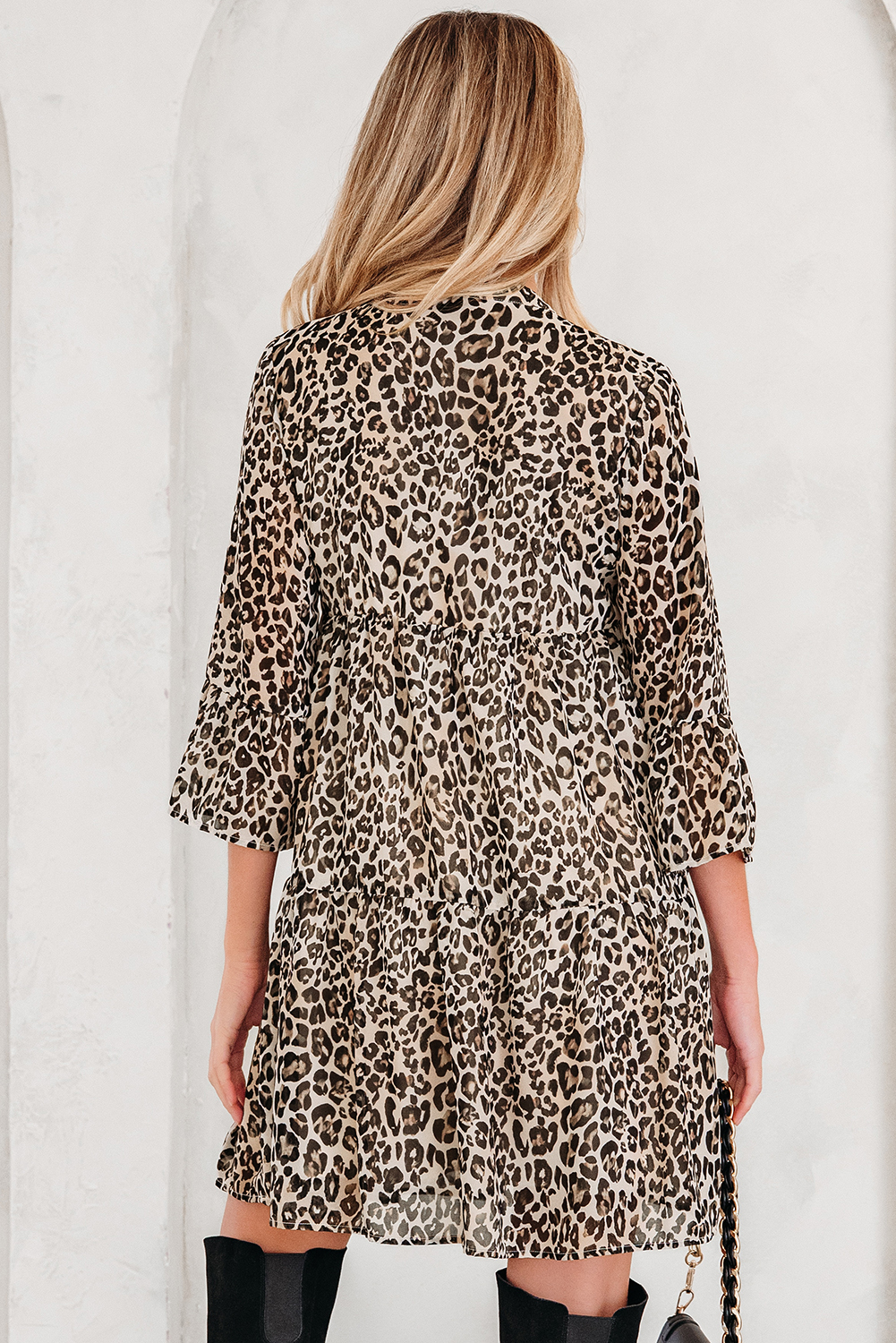 Khaki Leopard 3/4 Sleeve V Neck Swing Dress - Image 2