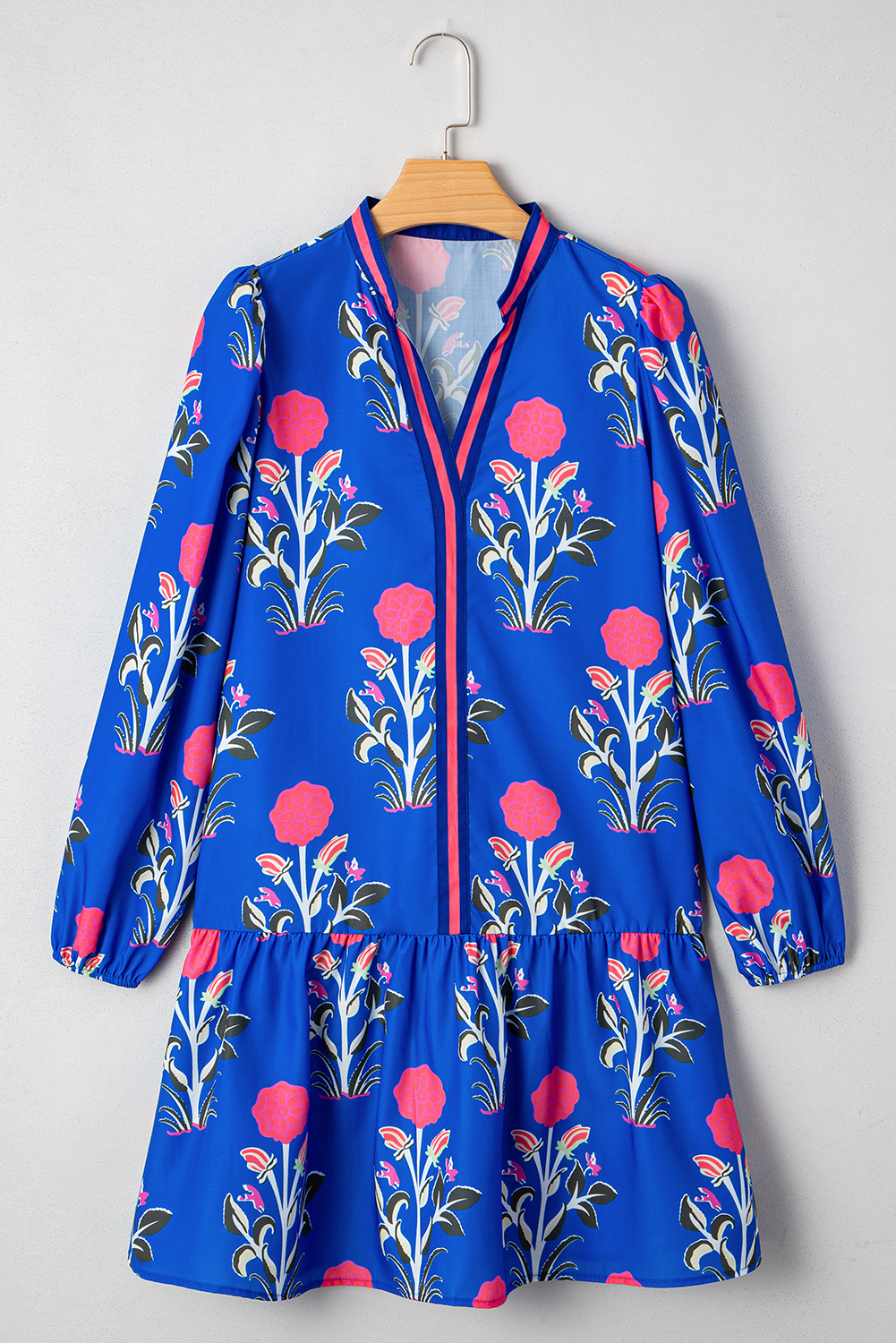 Sky Blue Floral Print Contrast Striped Trim Notched Neck Long Sleeve Dress - Image 6