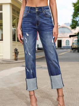 Blue-2 High Waist Distressed Straight Leg Jeans