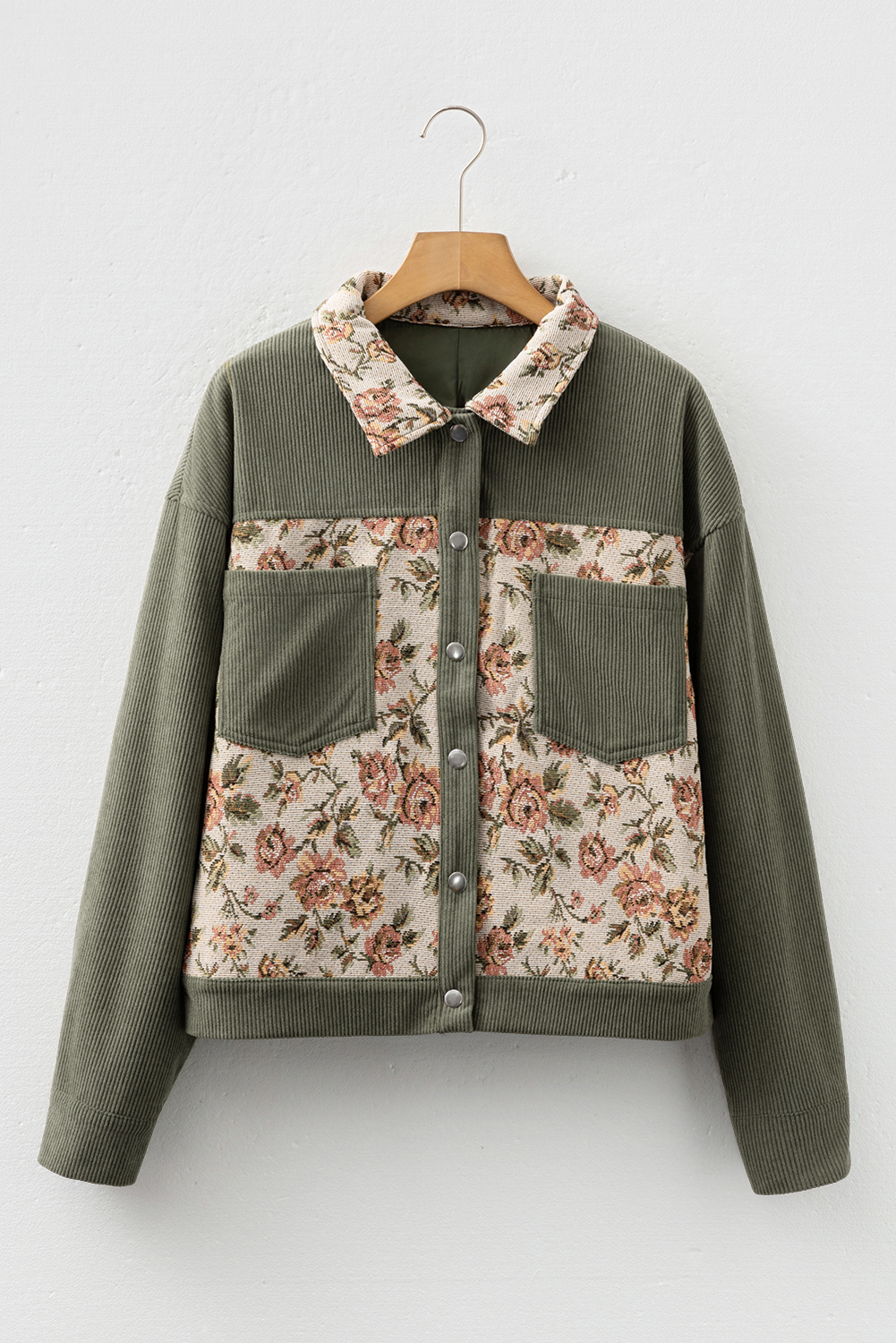 Sage Green Ribbed Retro Floral Patchwork Shirt Style Jacket - Image 7