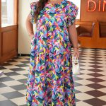Blue Geometric Print Ruffled Short Sleeve Plus Size Tiered Maxi Dress
