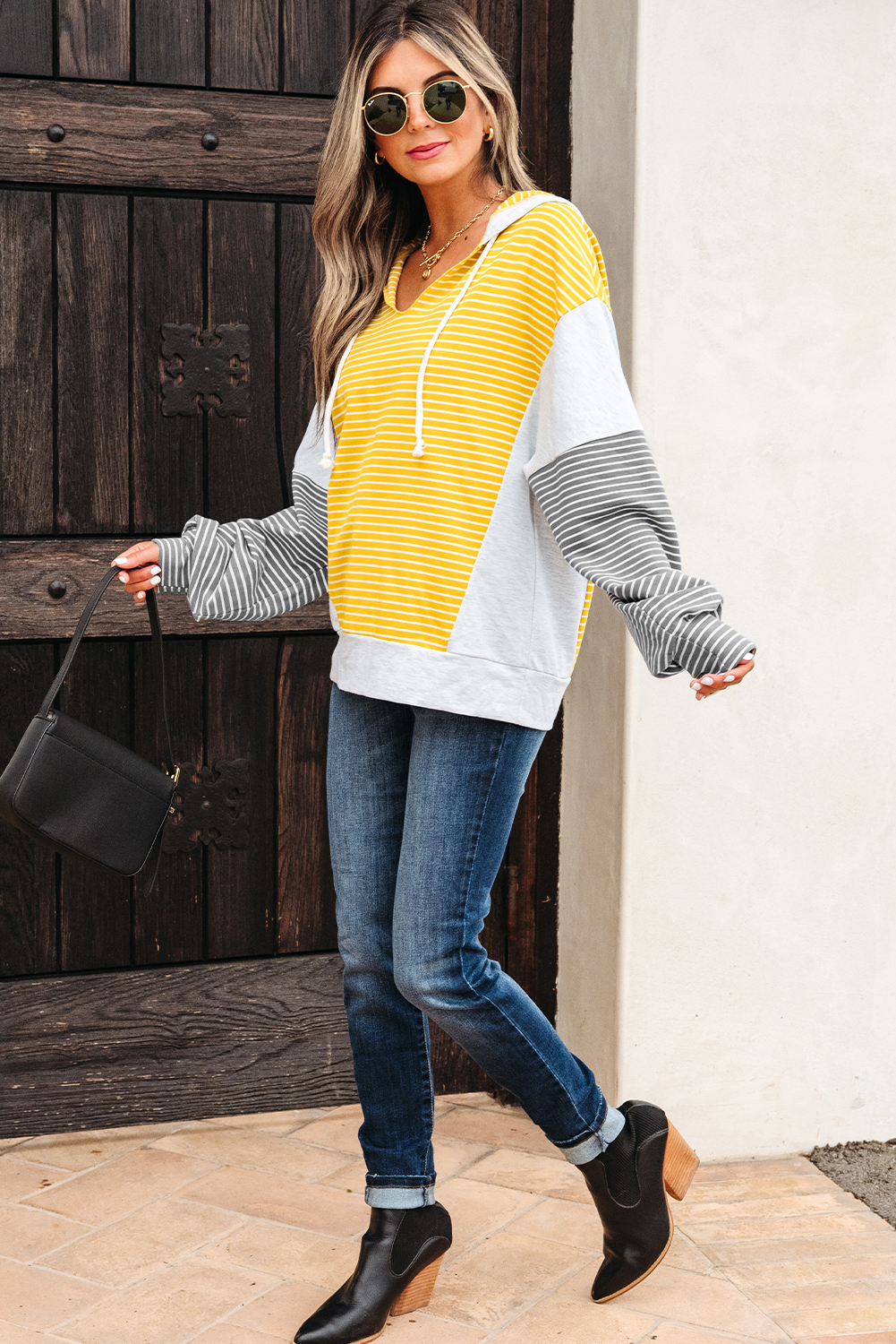 Yellow Stripe Color Block Drawstring V Neck Loose Fit Hooded Top - Image 5