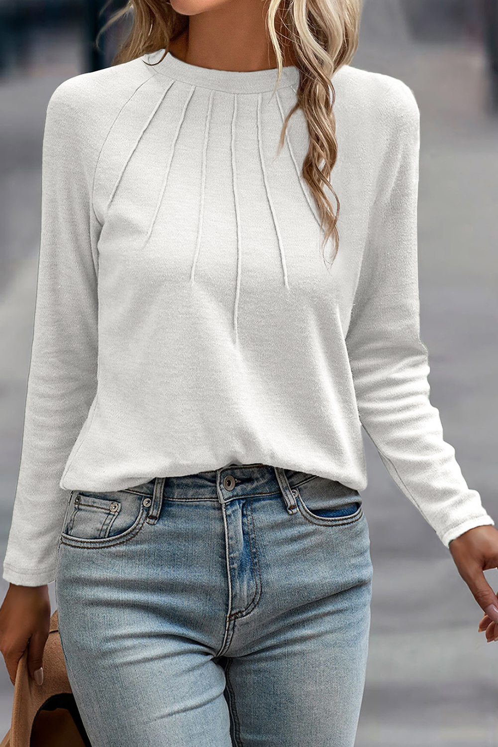 White Solid Color Seam Detail Raglan Long Sleeve Top - Image 4