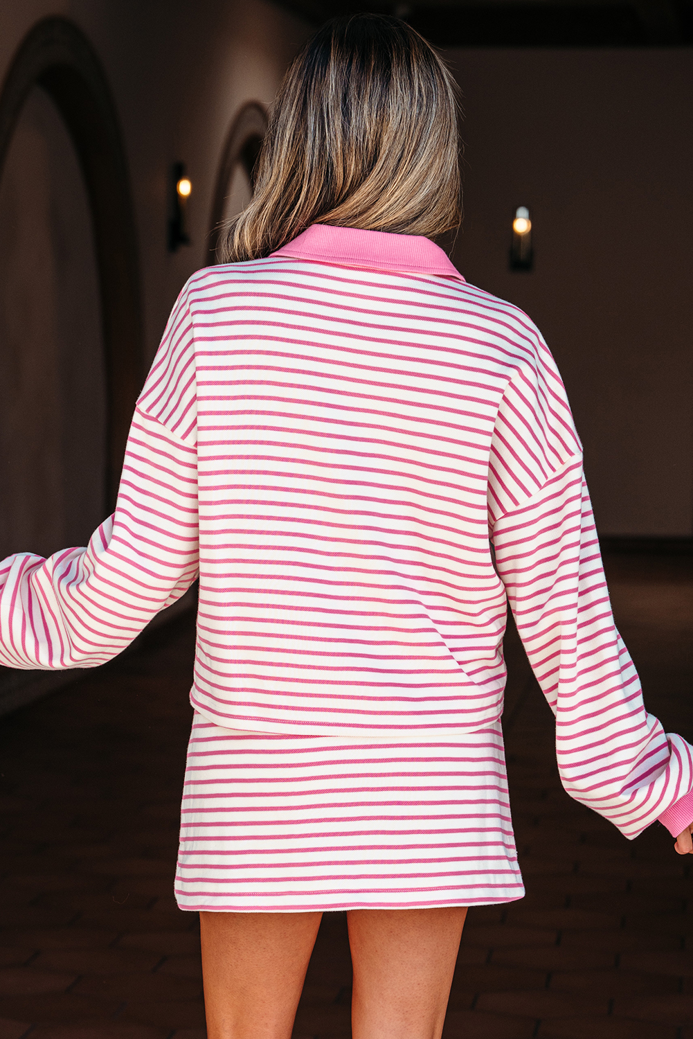 Pink Stripe Collared V Neck Drop Shoulder Pullover and Skort 2pcs Outfit - Image 2