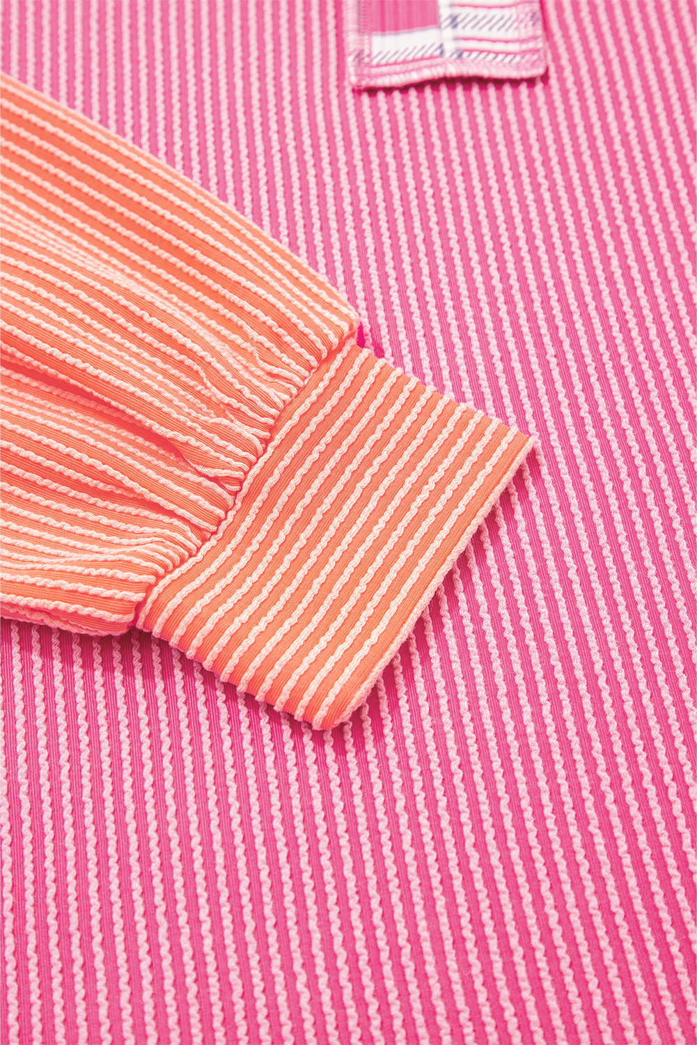 Rose Red Corded Texture Plaid Colorblock Patchwork Split Neck Long Sleeve Top - Image 4