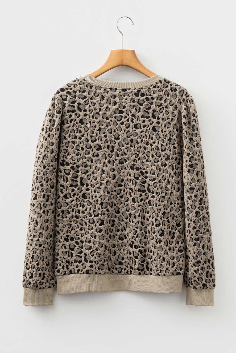 Khaki Ribbed Trim Leopard Print Long Sleeve Top - Image 4