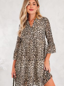 Khaki Leopard 3/4 Sleeve V Neck Swing Dress