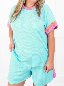 Light Blue Plus Size Color Block Corded Knit Tee and Shorts Set