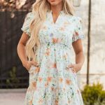 Beige Floral Print Shirred High Waist Puff Sleeve Mini Dress