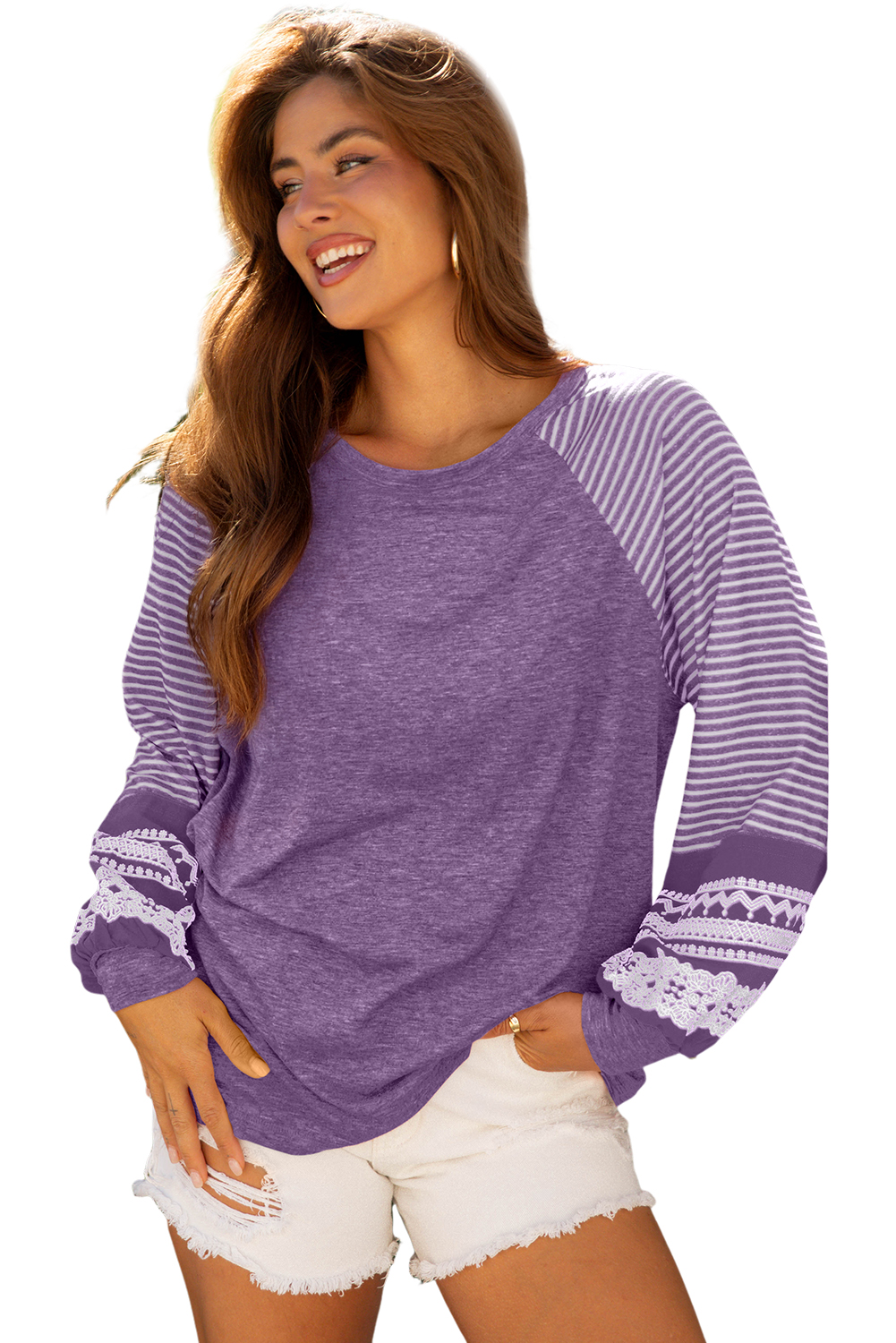 Tillandsia Purple Contrast Print Striped Raglan Long Sleeve Loose Top - Image 13