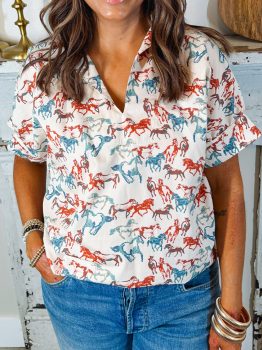 White Horse Galloping Allover Print Split Neck Plus Size Blouse