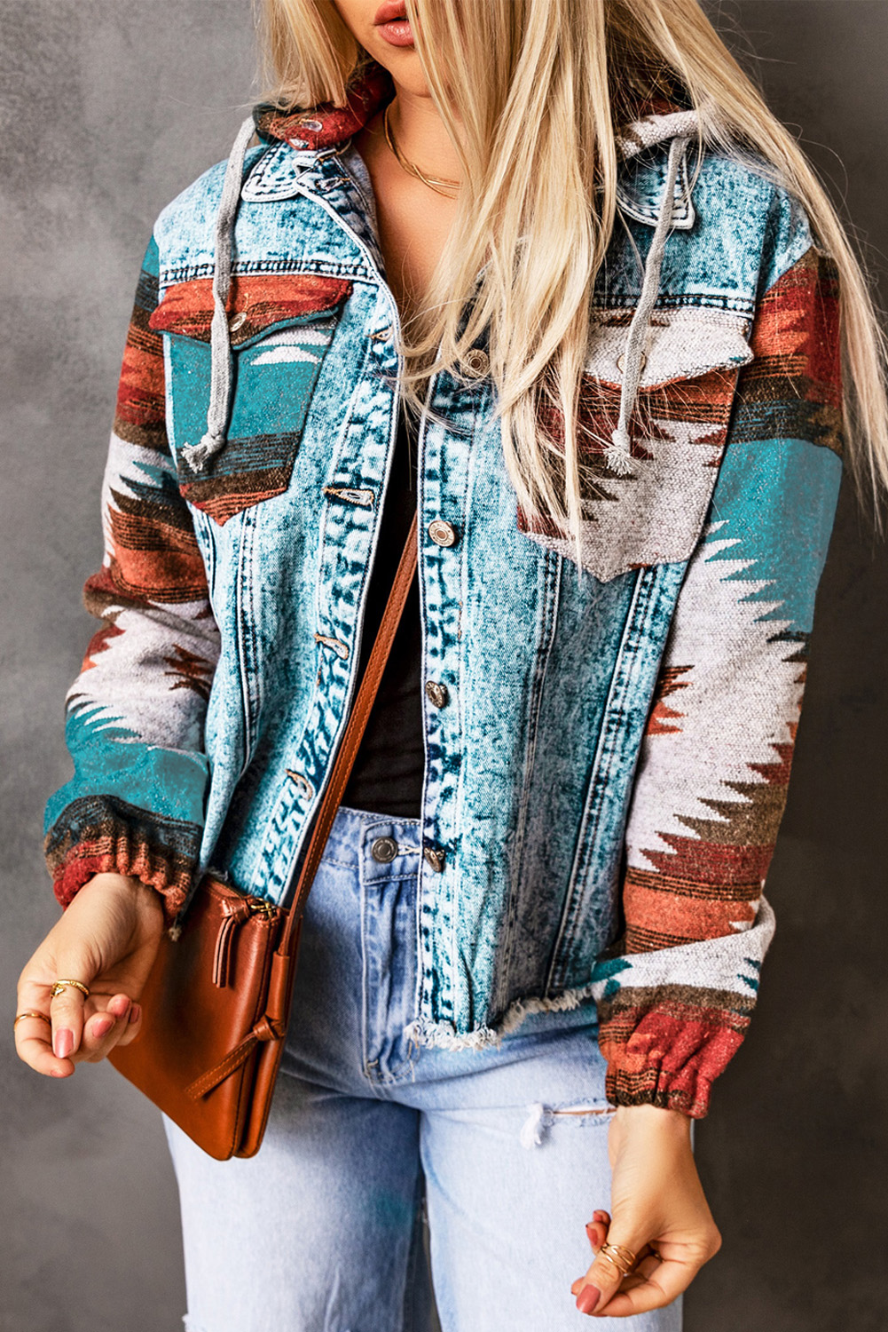 Multicolor Aztec Print Frayed Hem Denim Jacket - Image 3