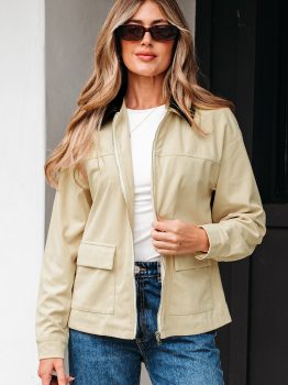 Parchment Contrast Leather Collar Textured Zip Up Jacket