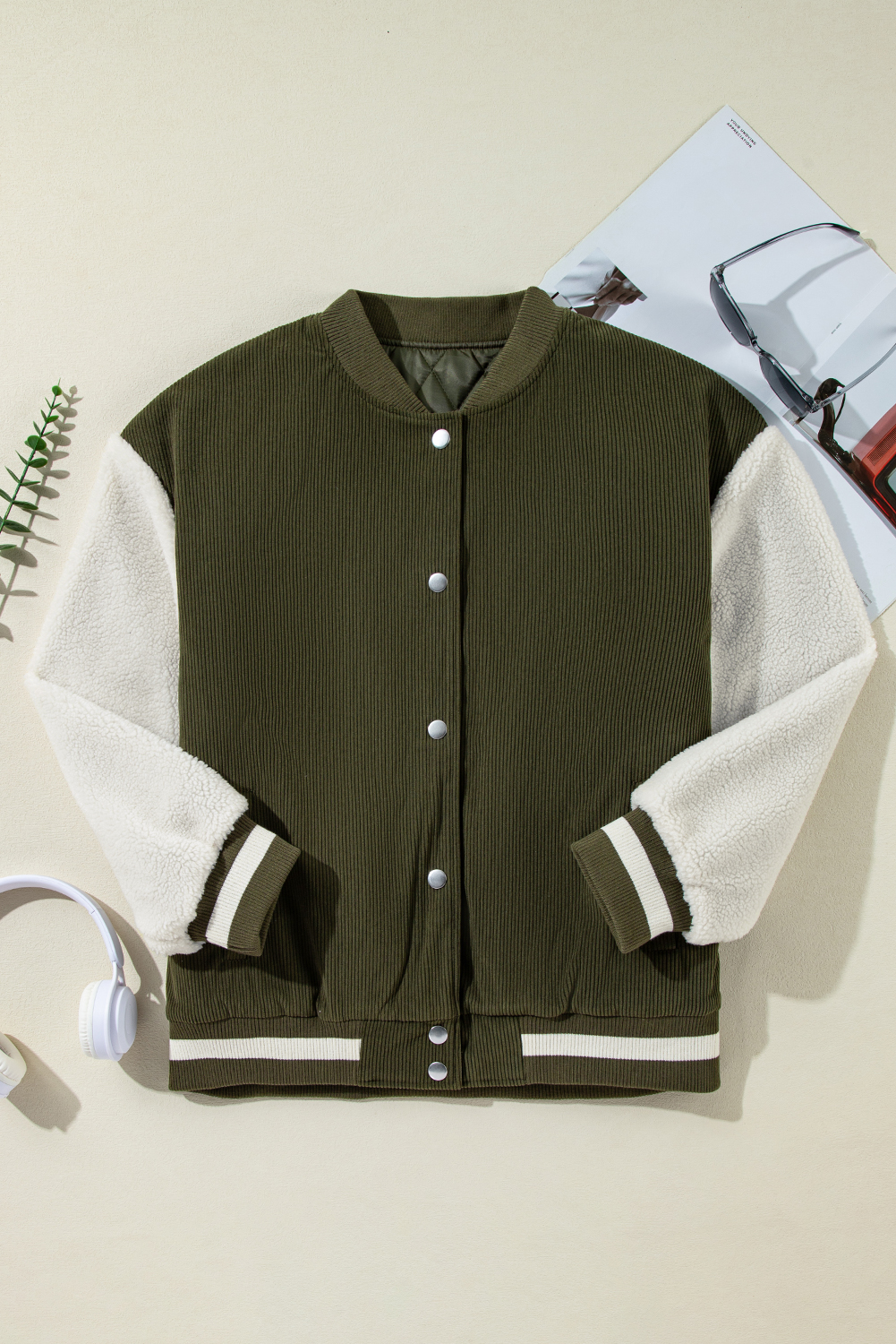 Mist Green Corduroy Fleece Patchwork Buttoned Bomber Jacket - Image 6