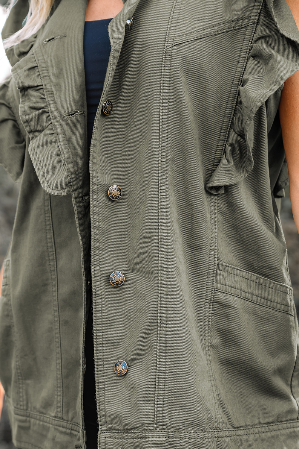 Green Bay Ruffled Patchwork Denim Jacket Vest - Image 8