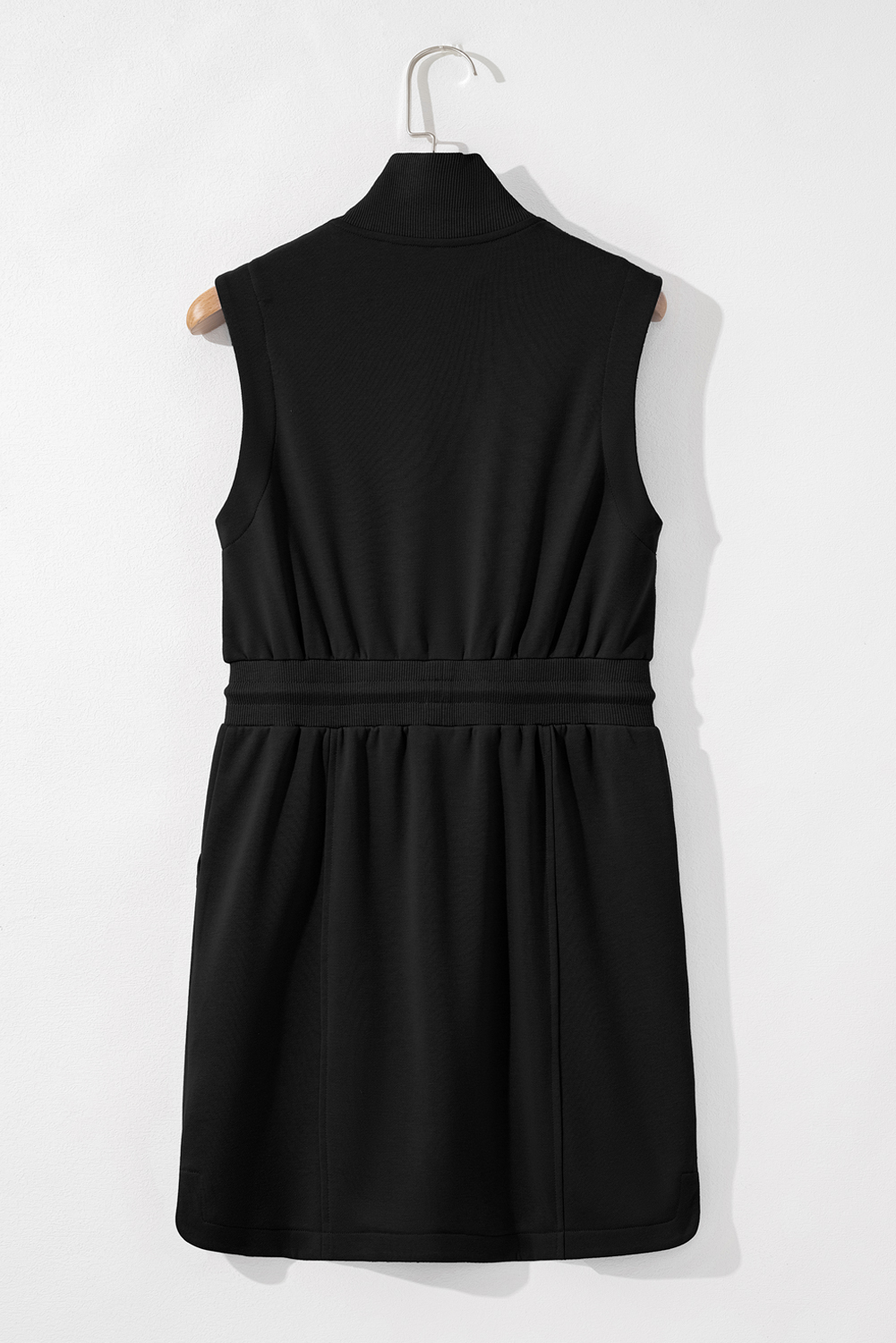 Black French Terry Zipped Collar Sleeveless Drawstring Waist Mini Dress - Image 6