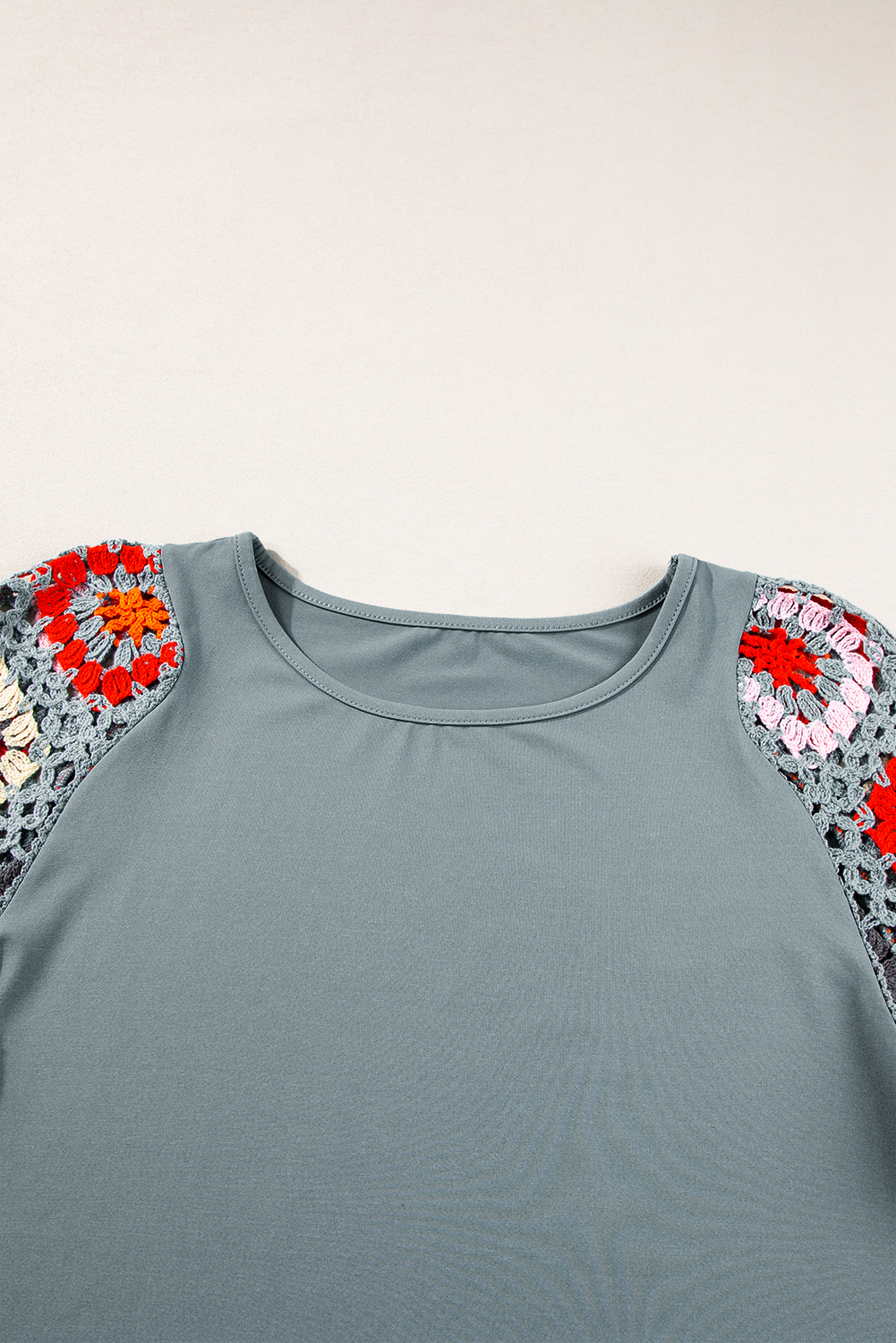 Medium Grey Floral Crochet Short Sleeve Top - Image 5