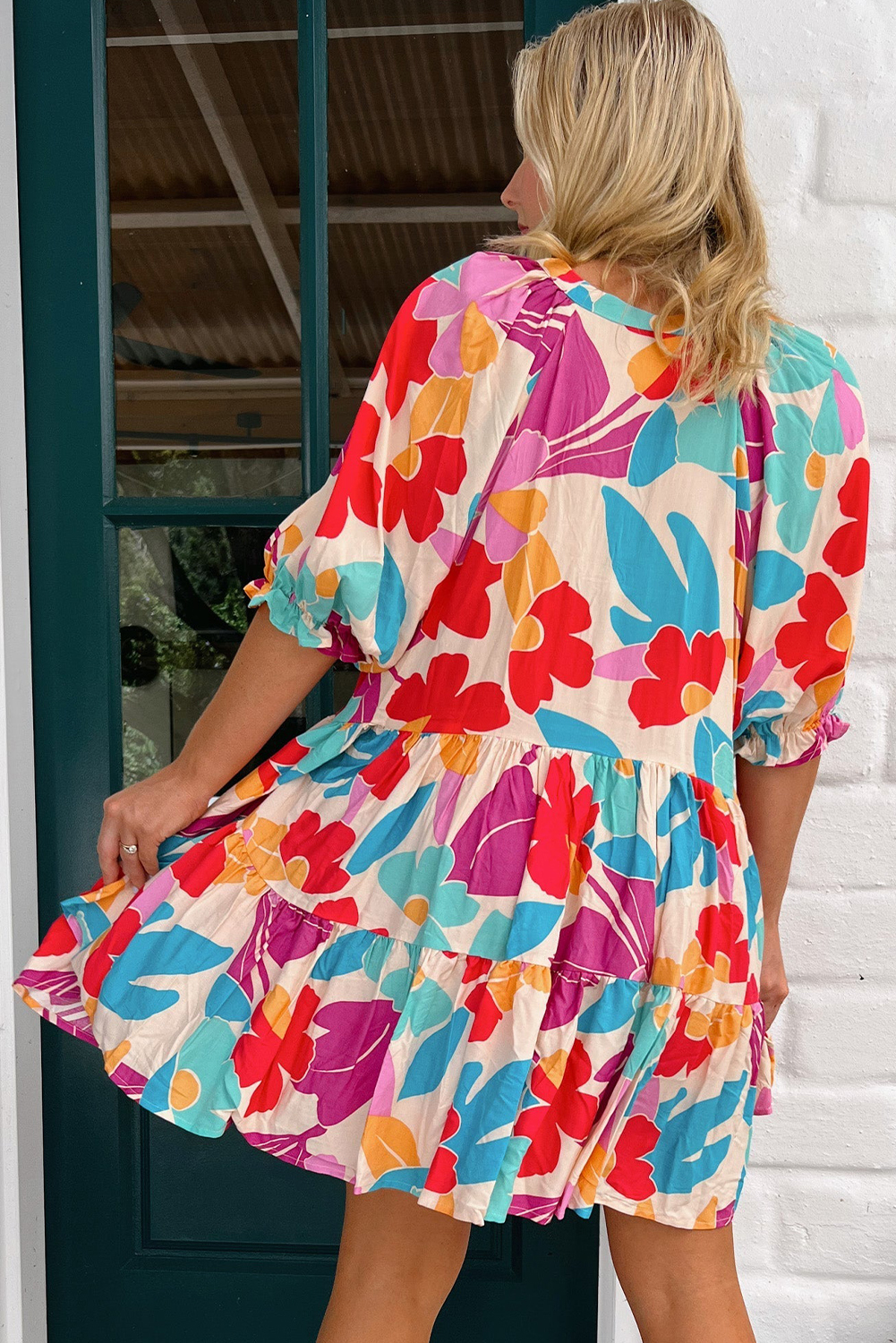 Rose Red Floral Bubble Sleeve V Neck Tiered Ruffle Babydoll Dress - Image 8