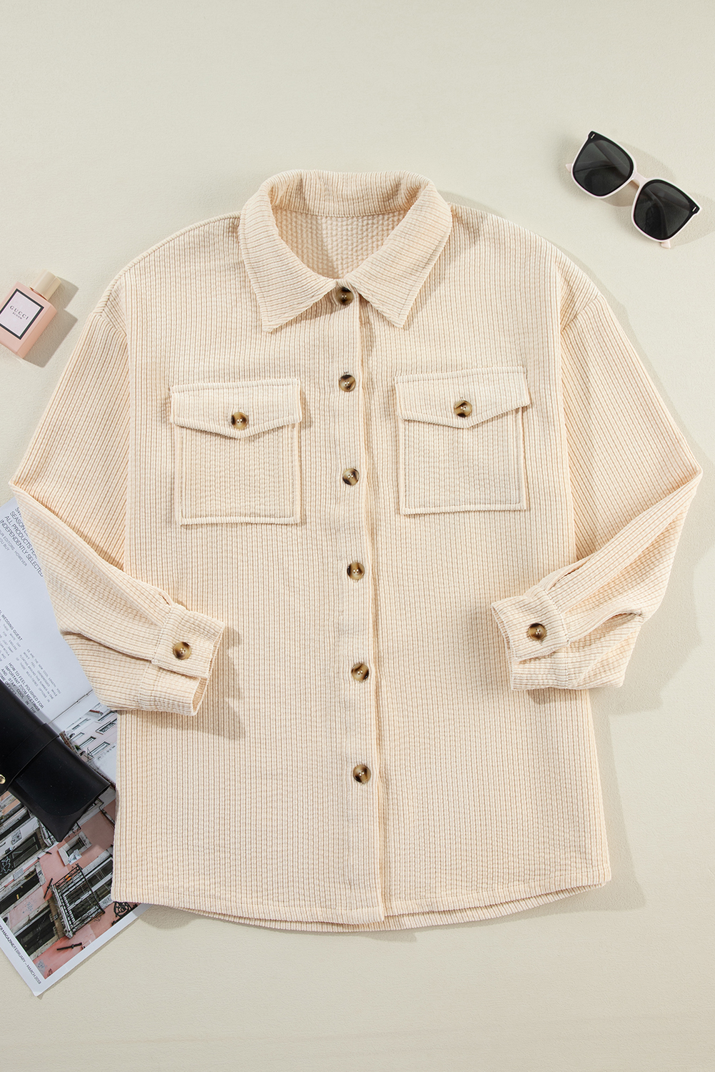 Oatmeal Corduroy Flap Pocket Button Up Shacket - Image 8