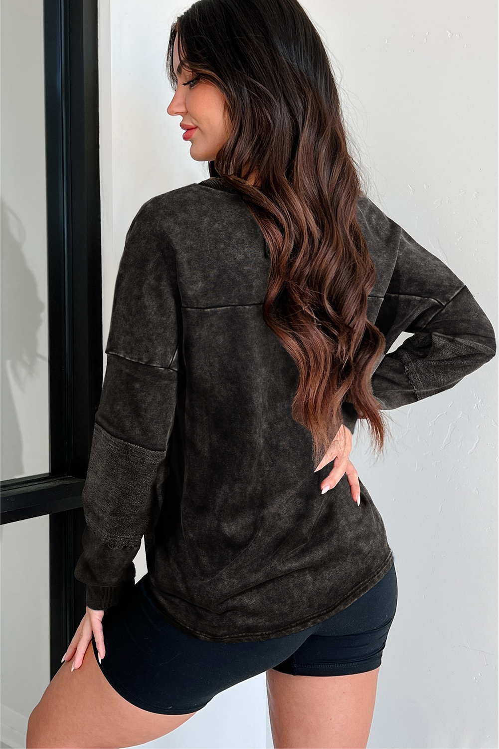 Carbon Grey Mineral Wash Exposed Seam Buttoned V Neck Pullover Top - Image 2