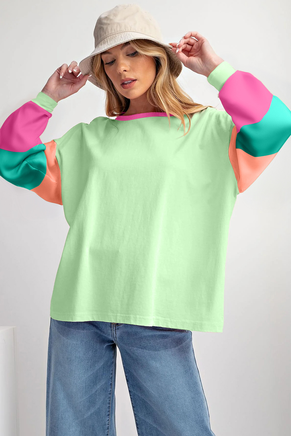 Green Colorblock Patchwork Long Sleeve Loose Top - Image 5