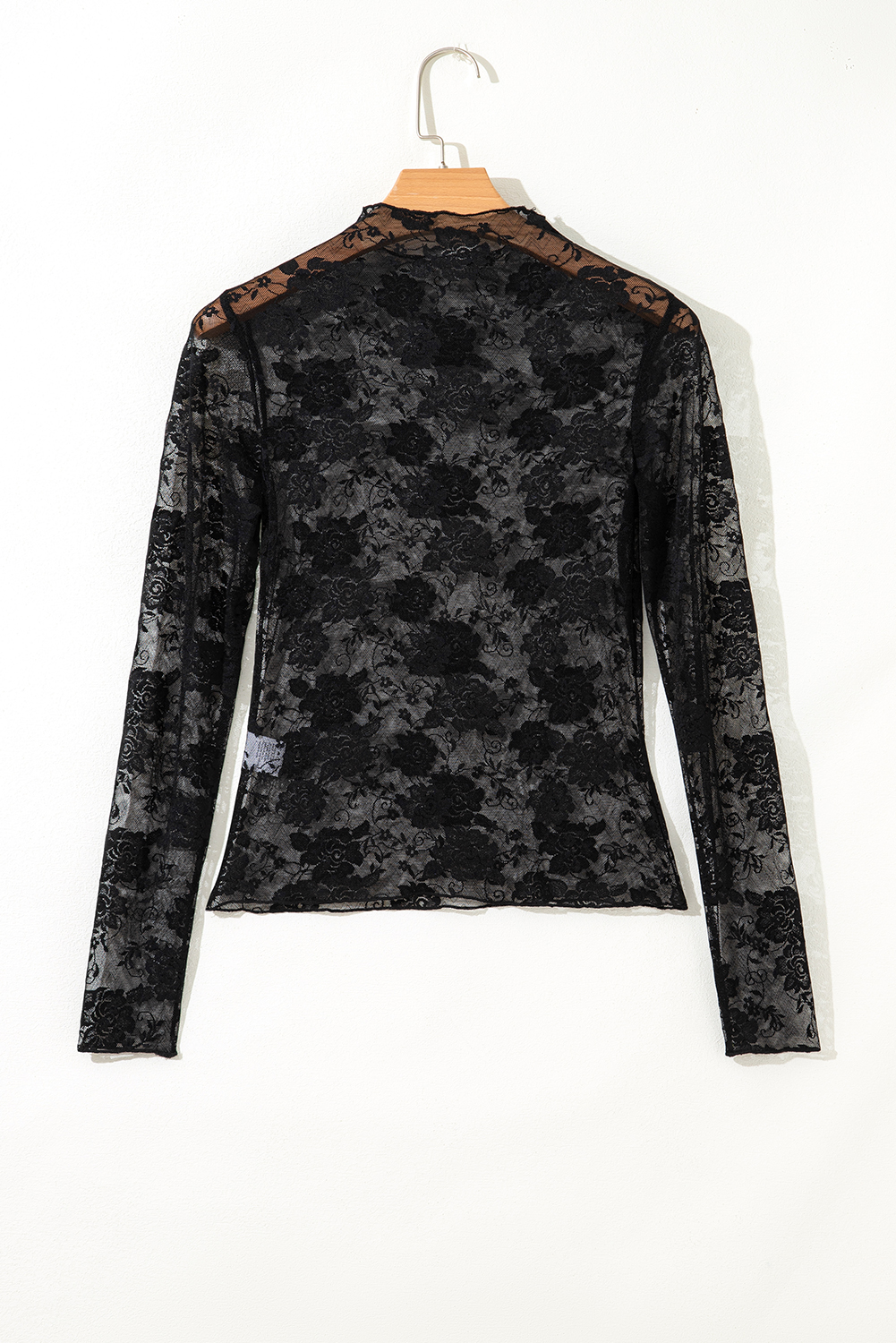 Black Sheer Floral Lace Mesh Mock Neck Long Sleeve Top - Image 6