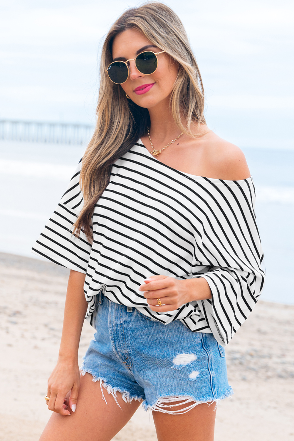 Black Stripe Half Sleeve Scoop Neck Loose Top - Image 3