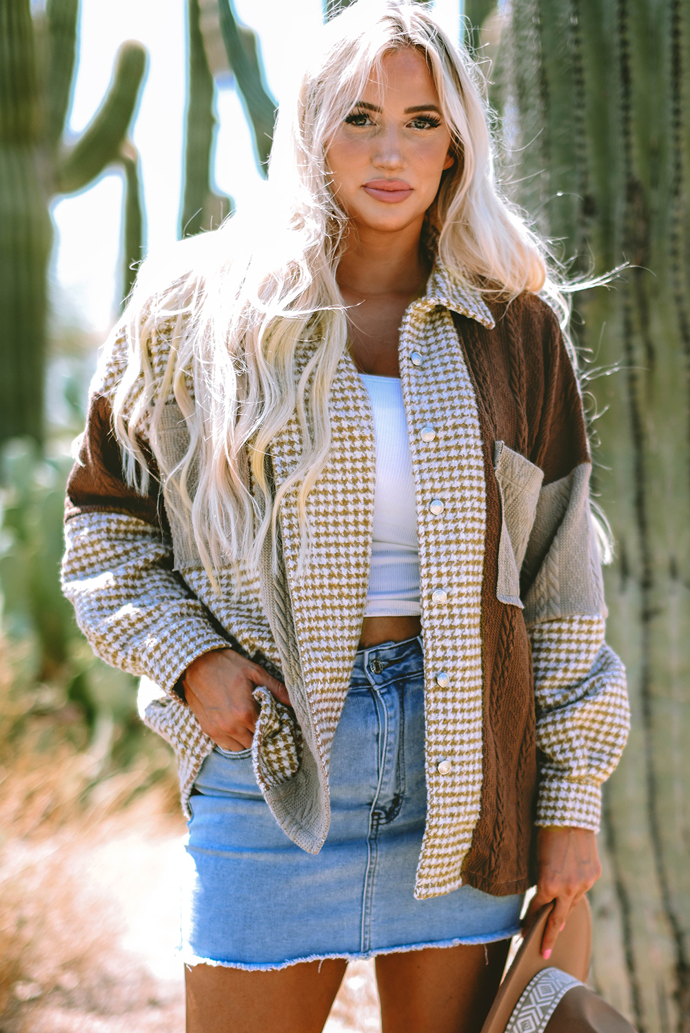 Khaki Houndstooth Color Contrast Textured Patchwork Loose Shacket - Image 3