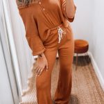 Grapefruit Orange Contrast Stitching Buttoned V Neck Half Sleeve Top and Drawstring Flare Pants Set